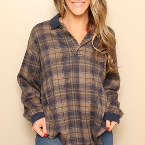 90s Cottagecore Super Cozy and Soft Plaid Long Sleeve Polo Shirt